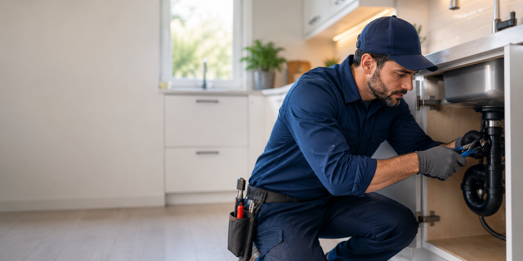 Professional plumber repairing pipes under a kitchen sink