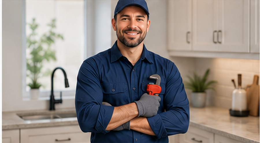 Professional plumber standing in a clean kitchen holding a plumbing tool